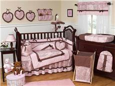 Pink & Brown Toile 9 pc Crib Bedding Set