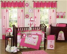 Flower Pink & Green 9 pc Crib Bedding Set