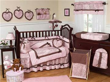 Pink & Brown Toile 9 pc Crib Bedding Set