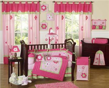 Flower Pink & Green 9 pc Crib Bedding Set